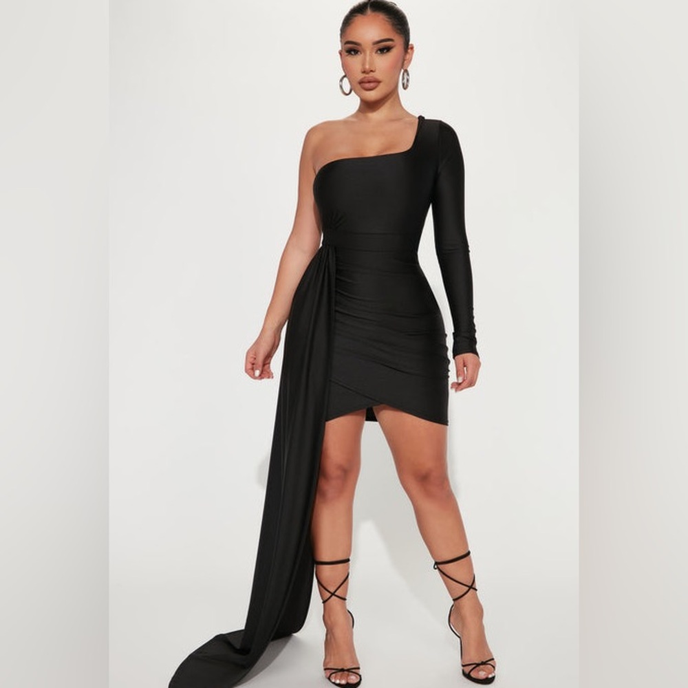 Fashion Nova Black Asymmetrical Ruched waiting for ur love mini dress